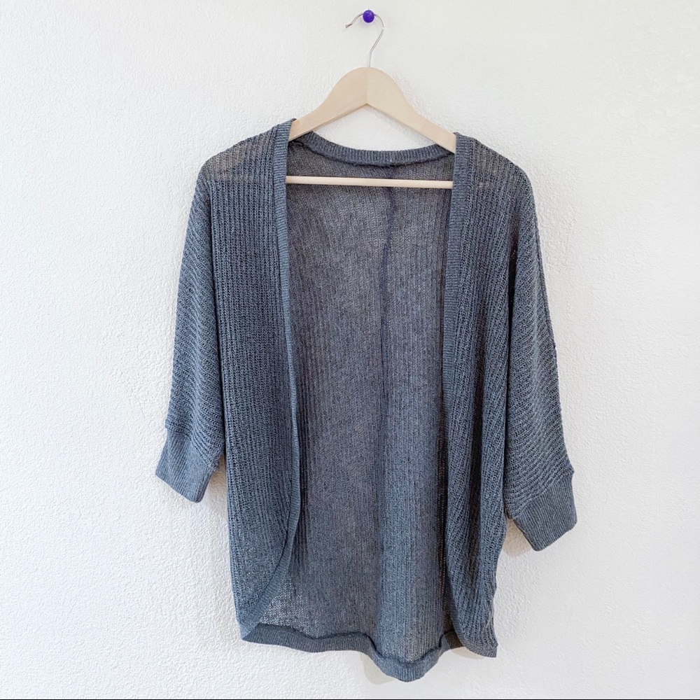 Gray knit crotchet quarter sleeve cardigan